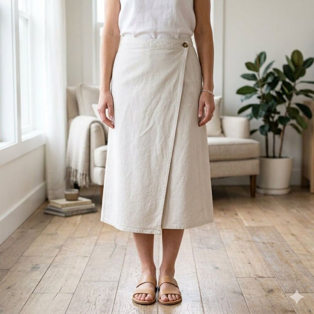Universal Thread Wrap Skirt Womens 10 Cream Denim Midi Flap Pocket Casual